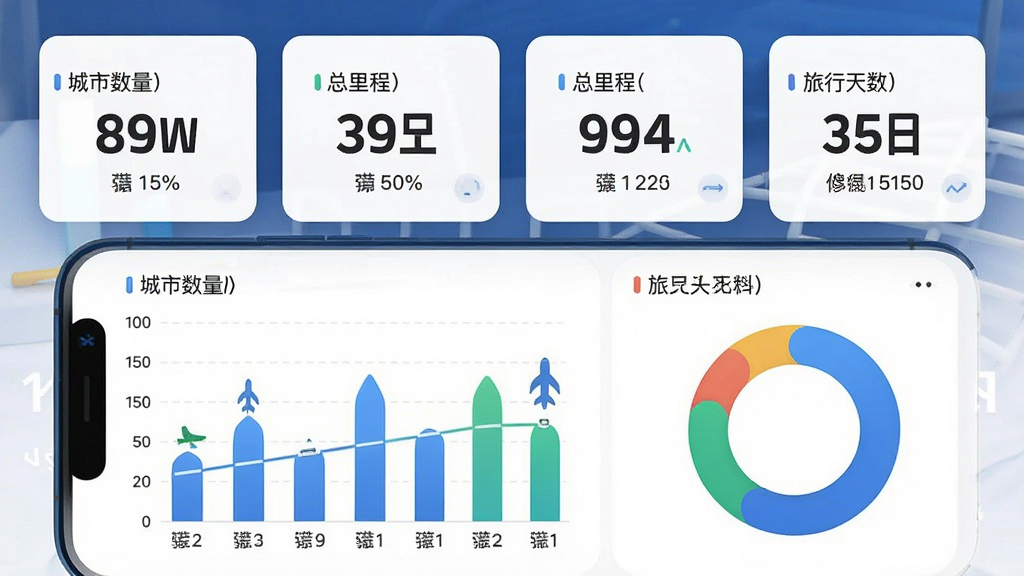 一张Feetrip数据统计与可视化功能展示图,主体为手机屏幕显示柱状图与环形图统计旅行数据,布局为上方数字卡片下方图表区域,排版清晰对称,风格为现代数据可视化设计,细节包括城市数量、总里程、旅行天数等数字标签,画质高清干净无多余元素