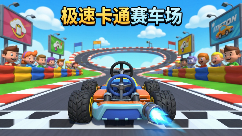 极速卡通赛车场游戏主界面预览图,画面中央展示一辆卡通风格的卡丁车停在赛道起点,背景是色彩鲜艳的环形赛道与蓝天白云,赛道两侧有卡通观众与广告牌,画面顶部显示游戏名称“极速卡通赛车场”,整体布局为横版游戏主菜单风格,排版清晰,色彩明亮,风格为卡通3D渲染,细节包括车辆轮胎纹理、赛道地面标线与氮气尾焰特效,画质高清,干净,无多余元素