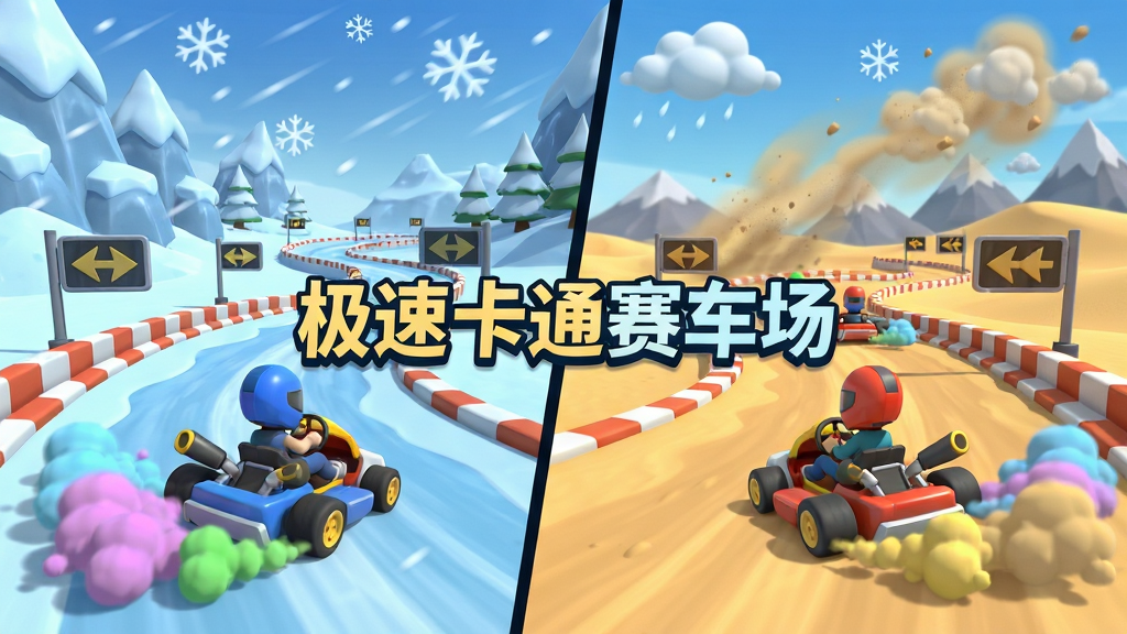极速卡通赛车场卡通赛道场景展示图,画面展示冰雪山谷赛道与沙漠赛道并列对比,赛道上有卡通卡丁车正在漂移,轮胎扬起彩色烟雾,背景有动态天气效果如雪花与沙尘,画面中央标注“极速卡通赛车场”文字,布局为左右分屏对比排版,风格为卡通3D渲染,细节包括赛道护栏、指示牌与远处山峦,画质高清,干净,无多余元素