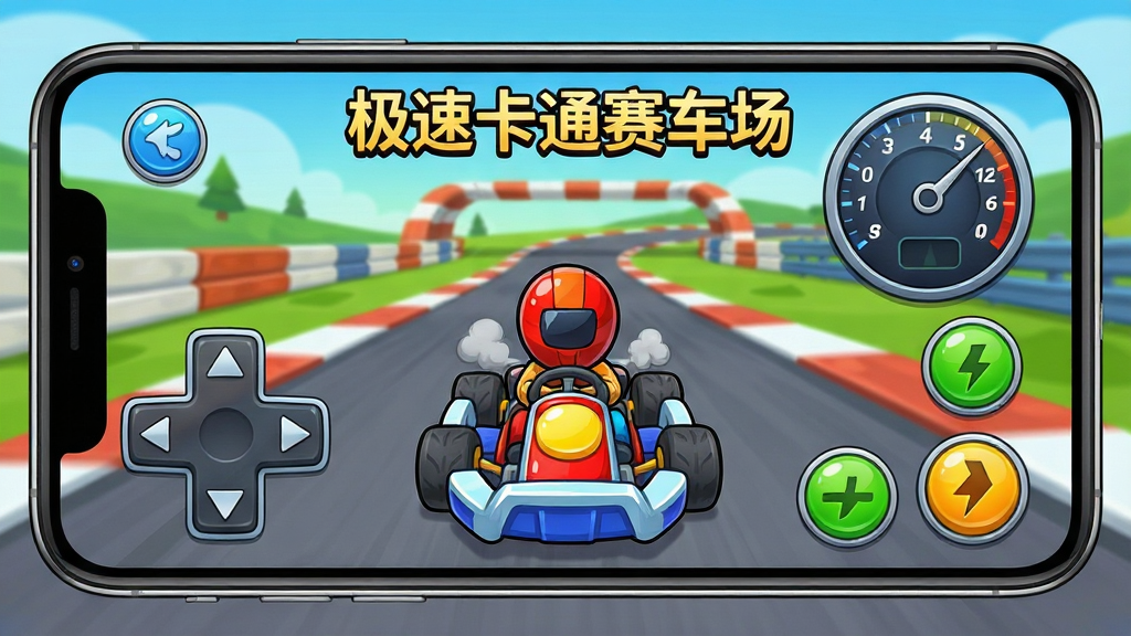 极速卡通赛车场移动端操作界面展示图,画面展示手机横屏握持视角,屏幕上有虚拟方向键与氮气按钮,画面中央是卡通卡丁车在赛道上行驶,界面顶部显示“极速卡通赛车场”文字,布局为手机屏幕特写排版,风格为卡通UI风格,细节包括按钮高光、赛道背景与速度表盘,画质高清,干净,无多余元素