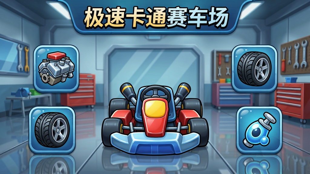 极速卡通赛车场车辆改装界面预览图,画面展示一辆卡通卡丁车停在改装车间中央,周围环绕引擎、轮胎、氮气三个改装模块图标,界面顶部显示“极速卡通赛车场”字样,布局为居中对称排版,风格为卡通科技感,细节包括改装零件的光泽、车间地面反光与工具架,画质高清,干净,无多余元素