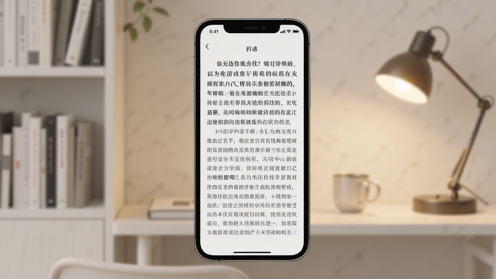 一张手机屏幕展示小说阅读界面的图片,画面中央是手机,屏幕上显示着小说章节文字,背景是简洁的书房环境,有书架和暖色台灯,整体风格温馨安静,画质清晰,干净,无多余元素