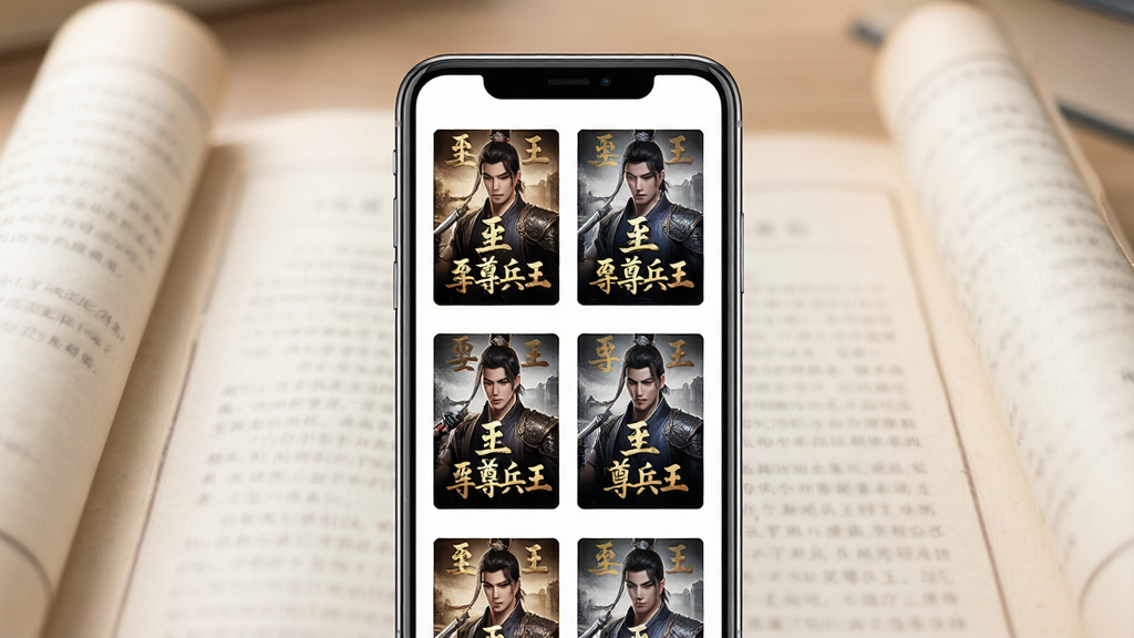 一张展示手机应用内多本小说封面排列的图片,画面中心是手机屏幕,屏幕上整齐排列着多本小说封面,封面文字包含“至尊兵王”字样,背景是柔和的书卷气息,风格清新简约,画质清晰,干净,无多余元素