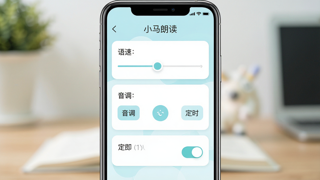小马朗读设置界面图,主体为手机屏幕展示设置选项,布局为纵向列表排列,排版清晰,风格为清新浅色系,细节包含语速滑块、音调调节按钮、定时关闭开关,画面干净,画质高清,文字标注“小马朗读”