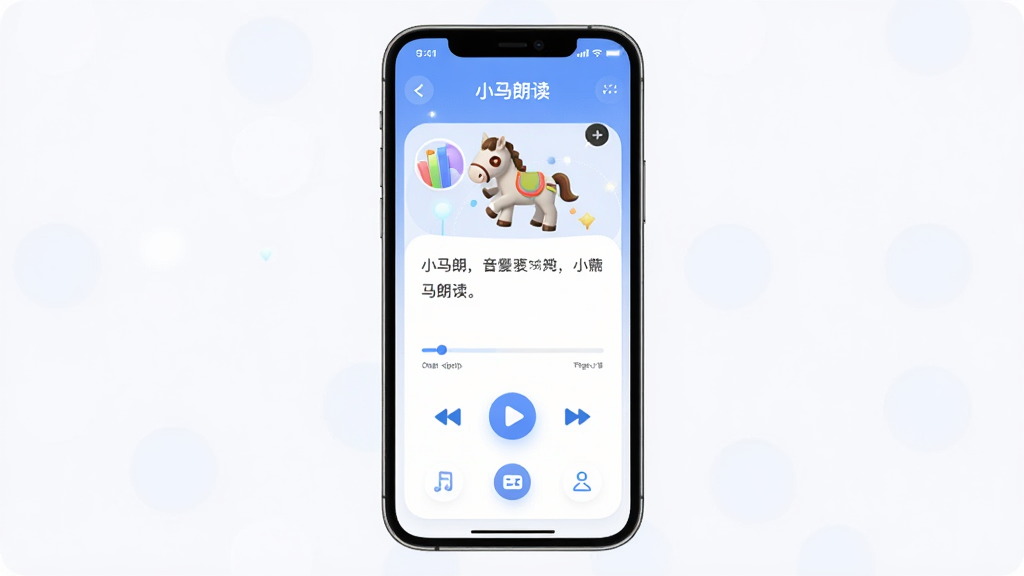 软件界面展示,主体为小马朗读应用主界面,布局为手机屏幕居中展示,排版清晰展示播放控制区与文本输入区,风格为现代简约科技感,细节包含播放按钮、进度条、音色选择图标,画面干净无多余元素,画质高清,文字标注“小马朗读”