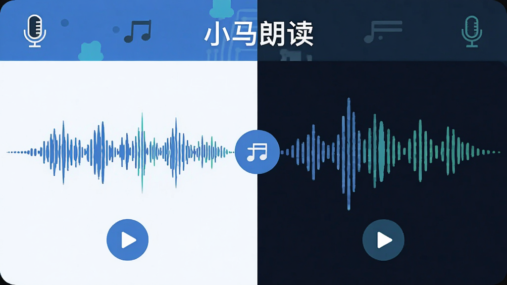 小马朗读功能展示图,主体为语音波形与文字转换示意,布局为左右分栏左侧文字右侧声波,排版整齐,风格为扁平化科技风,细节包含麦克风图标、声波纹理、播放按钮,画面干净,画质清晰,文字标注“小马朗读”