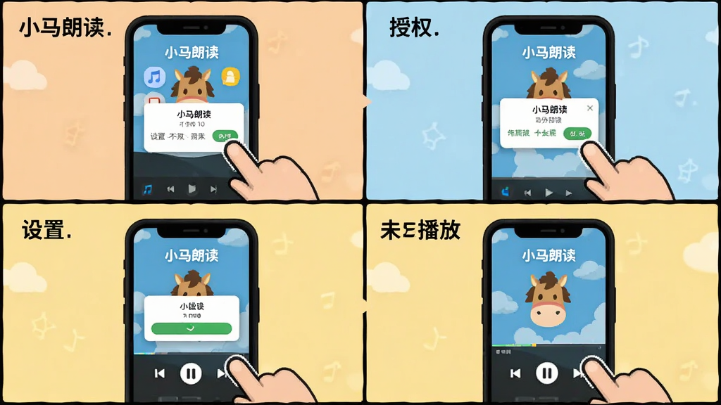 小马朗读使用教程示意图,主体为手机操作步骤分解,布局为四格漫画式排列,排版依次展示安装、授权、设置、播放,风格为扁平插画风,细节包含手指点击图标、权限弹窗、播放界面,画面干净,画质清晰,文字标注“小马朗读”
