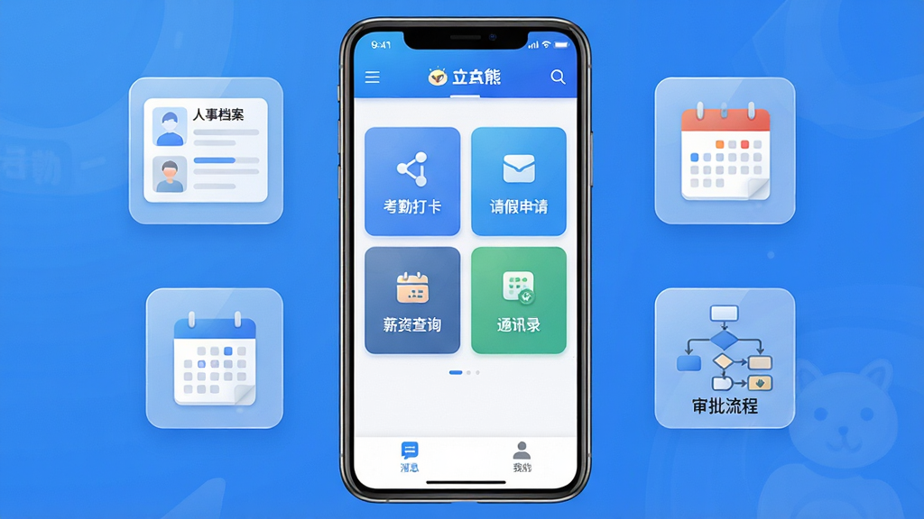 可拉熊安卓版主界面预览图,画面中心放置一部竖屏智能手机,屏幕内展示可拉熊应用首页,顶部为蓝色渐变导航栏,中间排列考勤打卡、请假申请、薪资查询、通讯录四个功能卡片,底部为消息与我的标签栏;手机两侧漂浮半透明的人事档案、排班日历、审批流程图图标;整体采用清新商务风格,蓝白配色为主,细节干净,画质清晰,无多余元素