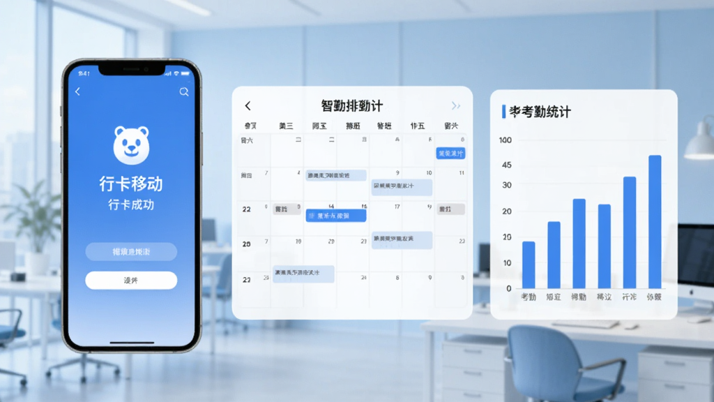 可拉熊移动考勤与智能排班功能展示图,画面左侧为手机屏幕显示打卡成功页面,中间为日历排班表,右侧为考勤统计柱状图;背景为浅蓝色办公场景虚化,主体突出手机界面,风格简洁现代,画质清晰,无多余元素