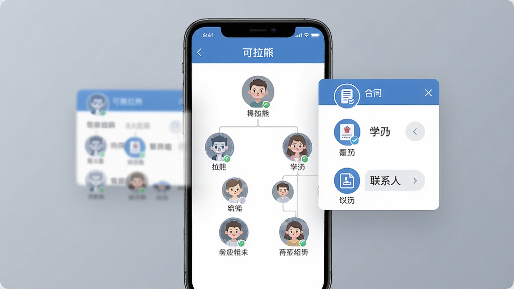 可拉熊人事档案与组织架构界面图,画面中央为手机屏幕展示树状组织架构图,节点用圆形头像加姓名表示,旁边浮动电子档案卡片,卡片上有合同、学历、联系人图标;整体风格清爽,蓝灰配色,画质干净,无多余元素