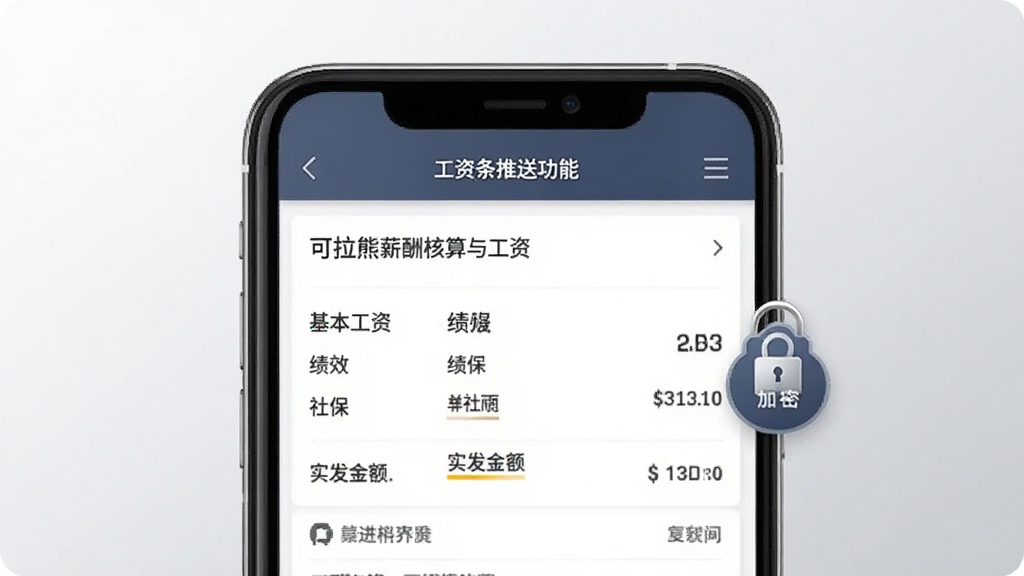可拉熊薪酬核算与工资条推送功能图,画面为手机屏幕显示工资条详情页,包含基本工资、绩效、社保、实发金额等条目,旁边有锁形图标表示加密;背景为浅灰渐变,风格严谨商务,画质清晰,无多余元素
