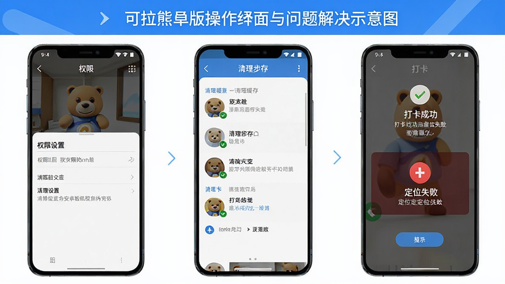 可拉熊安卓版操作界面与问题解决示意图,画面左侧为手机显示权限设置页面,中间为清理缓存步骤截图,右侧为打卡成功与定位失败对比提示;整体布局清晰,蓝白配色,风格简洁,画质干净,无多余元素