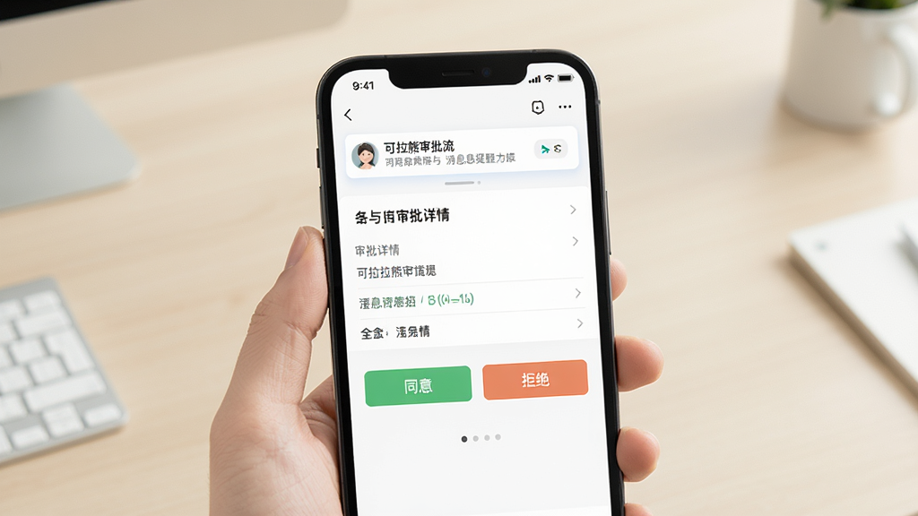 可拉熊审批流与消息提醒功能图,画面为手机屏幕显示审批详情页,有同意、拒绝按钮,顶部有消息推送横幅;背景为浅色办公桌面,风格简洁,画质清晰,无多余元素