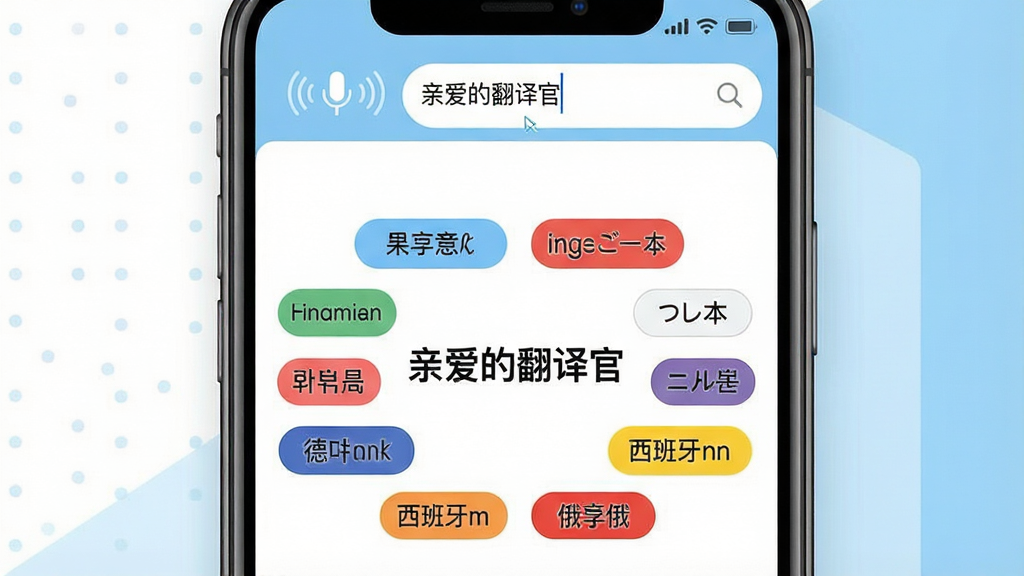 一幅展示多语种翻译功能的界面示意图,画面中央是一部手机,屏幕上显示“亲爱的翻译官”软件界面,界面内包含中文、英文、日文、韩文、法文、德文、西班牙文、俄文等多国语言标签环绕排列,手机上方有语音输入波纹和文字输入框,背景为白色与浅蓝色搭配,风格简洁清新,布局整齐,细节清晰,画质干净,无多余元素,高清1080P