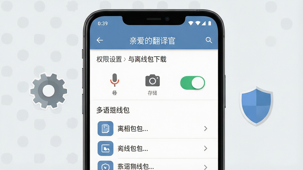 一幅展示安卓手机翻译软件设置界面的示意图,画面中央是一部手机,屏幕上显示“亲爱的翻译官”权限设置与离线包下载界面,包含麦克风、相机、存储权限开关以及多语言离线包列表,手机旁边有齿轮图标和盾牌图标,背景为浅灰色简洁风格,布局清晰,细节明确,画质干净,无多余元素,高清1080P