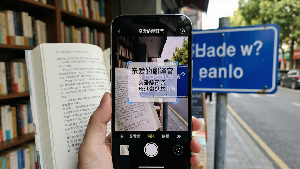 一幅展示拍照翻译功能的场景图,画面中央是一部手机,手机摄像头正对着一本打开的外文书籍和一块写有外文的路牌,手机屏幕上显示“亲爱的翻译官”拍照翻译界面,识别框内已提取出文字并显示中文译文,背景为户外街道与书架结合的场景,风格写实清晰,布局自然,细节丰富,画质干净,无多余元素,高清1080P