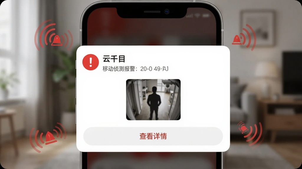 一部手机屏幕特写,屏幕上弹出一条“云千目”移动侦测报警通知卡片,卡片上带有红色感叹号图标和一张小尺寸的监控截图,截图里能看到一个人影轮廓。手机背景是虚化的室内场景,周围漂浮着几个警报波纹图标。整体风格为写实产品展示图,配色以红色、白色和深灰色为主,突出报警的紧迫感。细节包括通知时间、设备名称和“查看详情”按钮。画质清晰,构图聚焦,无多余元素。