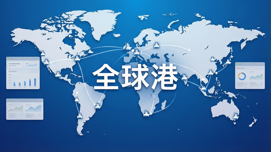 主体为一张世界地图背景,地图上分布多个港口图标,中央位置显示