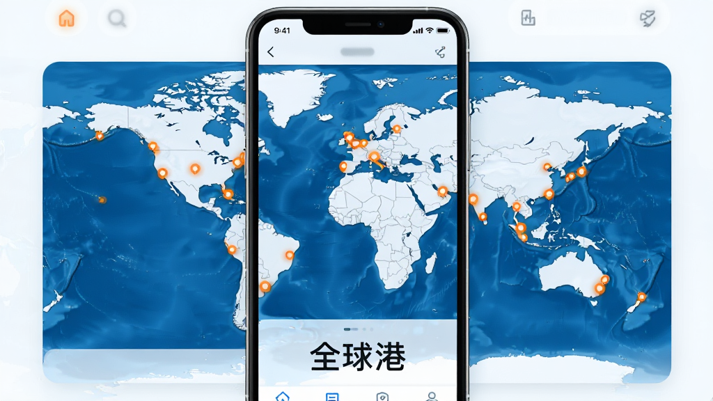 主体为一部智能手机,屏幕上显示世界地图与港口分布标记,地图上用圆点标注多个国际港口位置,手机下方有