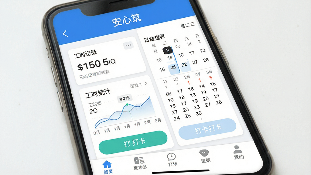手机屏幕中显示安心筑应用主界面,画面主体是一部竖屏智能手机,屏幕内呈现记工记账页面,布局上方为蓝色顶栏写着“安心筑”,中部为工时记录卡片和日历视图,下方为底部导航栏,风格为现代扁平化UI设计,细节包含清晰的数字金额、工时统计图表和打卡按钮,画质清晰,界面干净,无多余元素