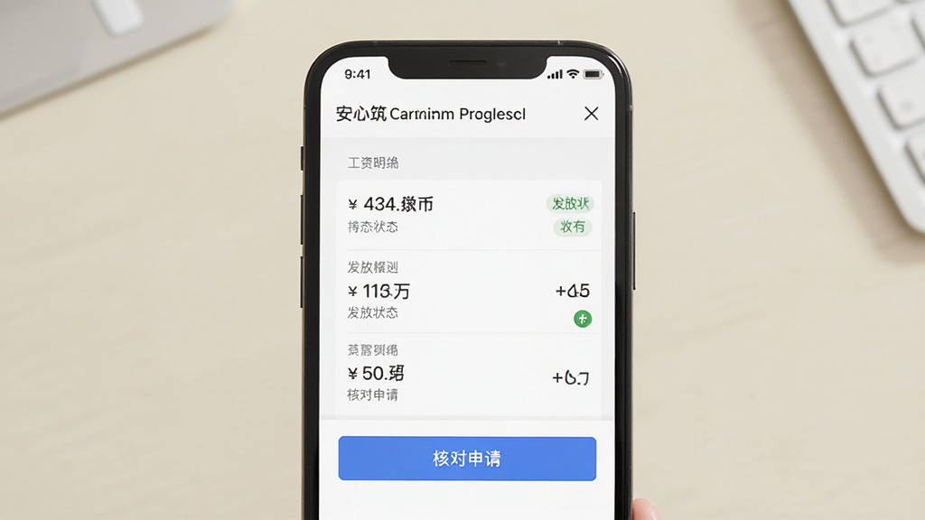 安心筑工资核对页面手机截图,画面主体为手机屏幕,屏幕内显示工资明细列表和核对按钮,布局手机居中,背景为简洁的浅色桌面,风格商务简约UI风格,细节包含金额数字、发放状态标签、核对申请入口,画质清晰,界面干净,无多余元素