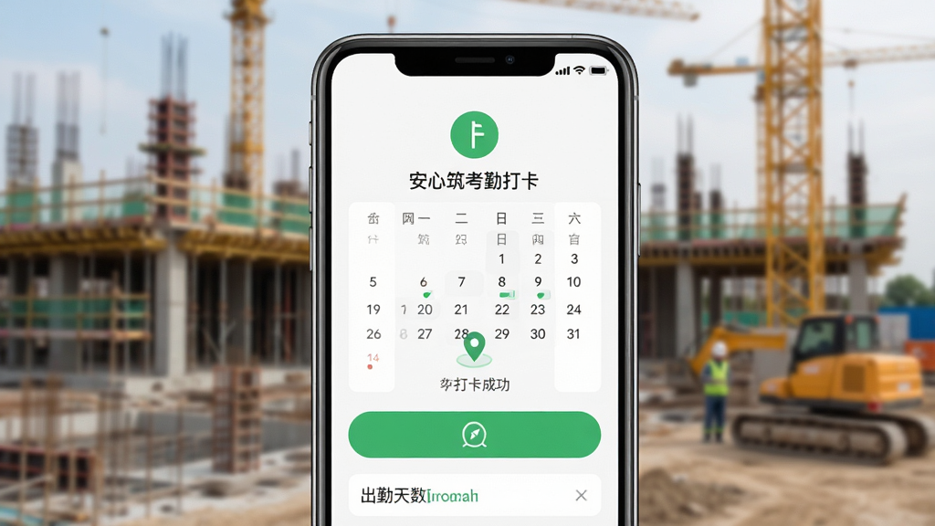 安心筑考勤打卡功能界面展示,画面主体为手机屏幕特写,屏幕内显示打卡成功提示和考勤日历,布局手机居中,背景为虚化的工地环境,风格UI展示图,细节包含绿色打卡按钮、定位图标、出勤天数统计,画质清晰,界面整洁,无多余元素