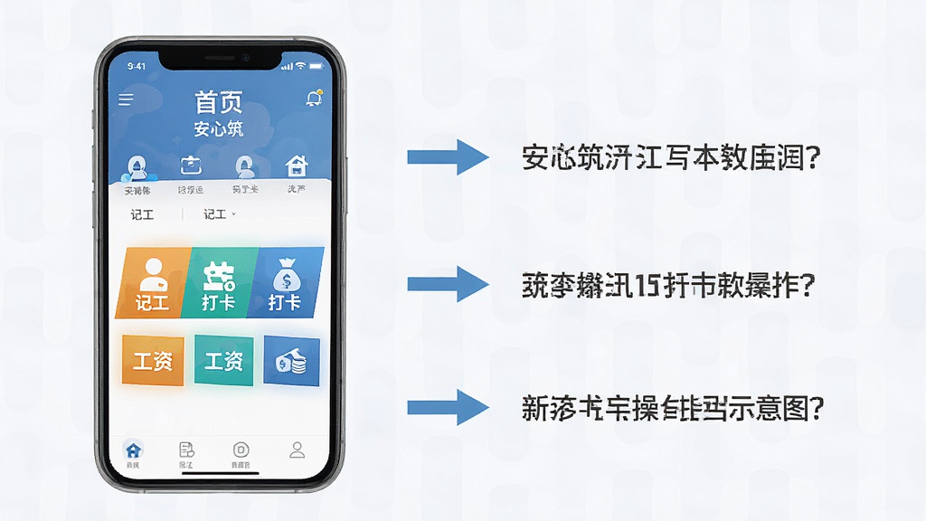 安心筑新手操作指引示意图,画面主体为手机屏幕展示安心筑首页界面,布局左侧为手机,右侧为箭头标注的操作步骤文字,风格信息图设计,细节包含“记工”“打卡”“工资”三个功能入口高亮标注,画质清晰,排版整洁,无多余元素