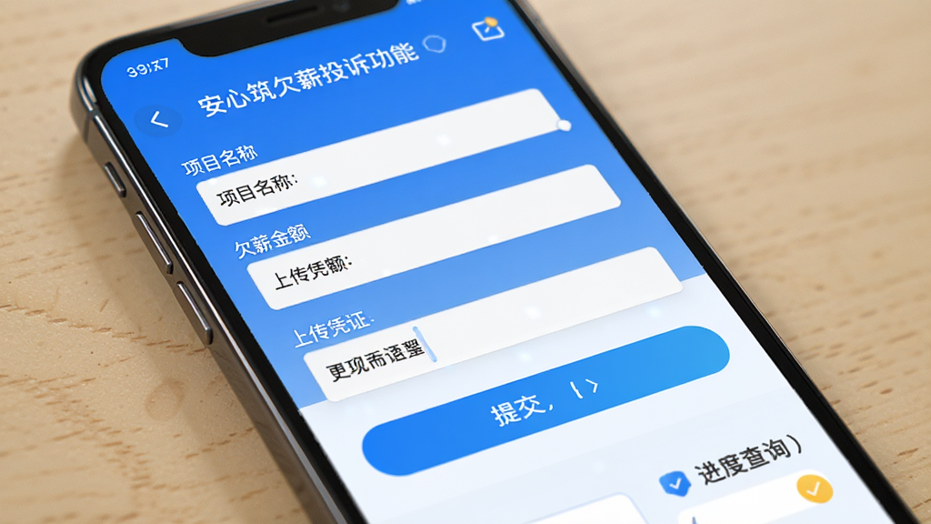 安心筑欠薪投诉功能界面,画面主体为手机屏幕显示投诉表单,布局表单字段清晰,包含项目名称、欠薪金额、上传凭证等输入框,风格清爽蓝色调UI,细节包含提交按钮和进度查询入口,画质清晰,界面规范,无多余元素