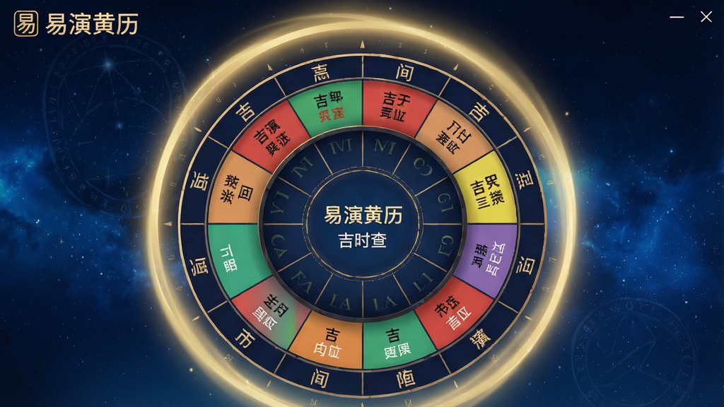 一张AI生成图,画面主体为“易演黄历”软件内的吉时查询页面,展示十二时辰圆形罗盘布局,每个时辰标注吉凶颜色与方位文字,罗盘外圈环绕淡金色光芒,背景为深蓝色渐变星空,风格神秘庄重,排版清晰,细节精致,画质干净,无多余元素