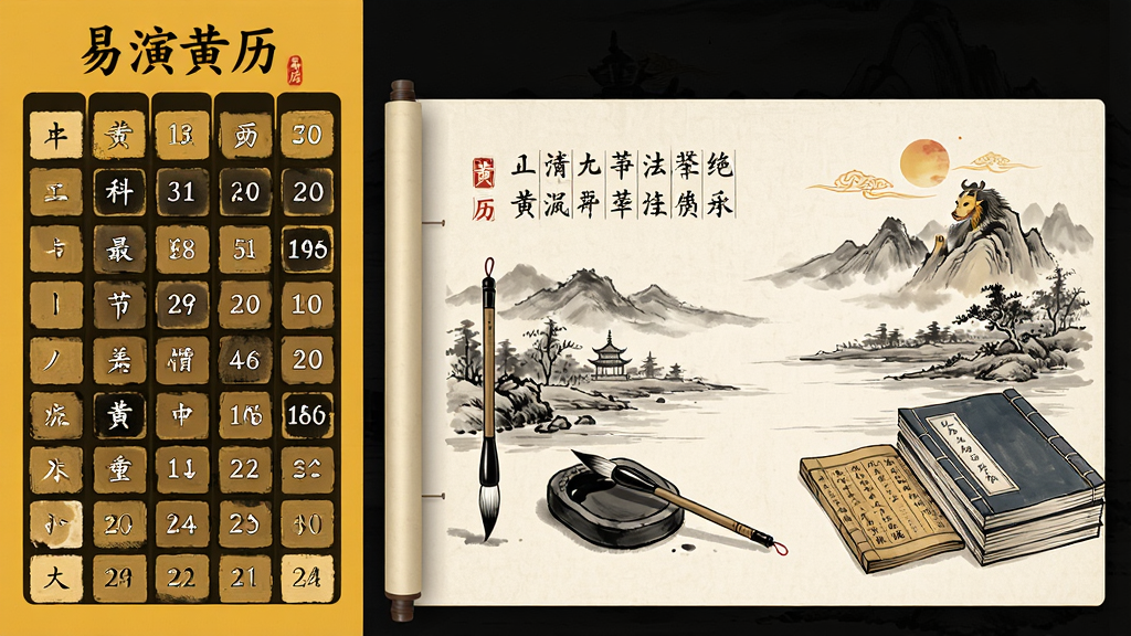 一张AI生成图,画面展示“易演黄历”软件内的知识科普页面,左侧为竖排黄历术语列表,右侧展开一幅水墨风格的节气插画,画面中有毛笔、砚台、古书等元素,整体色调为暖黄与墨黑,风格文雅,排版疏朗,细节丰富,画质干净,无多余元素