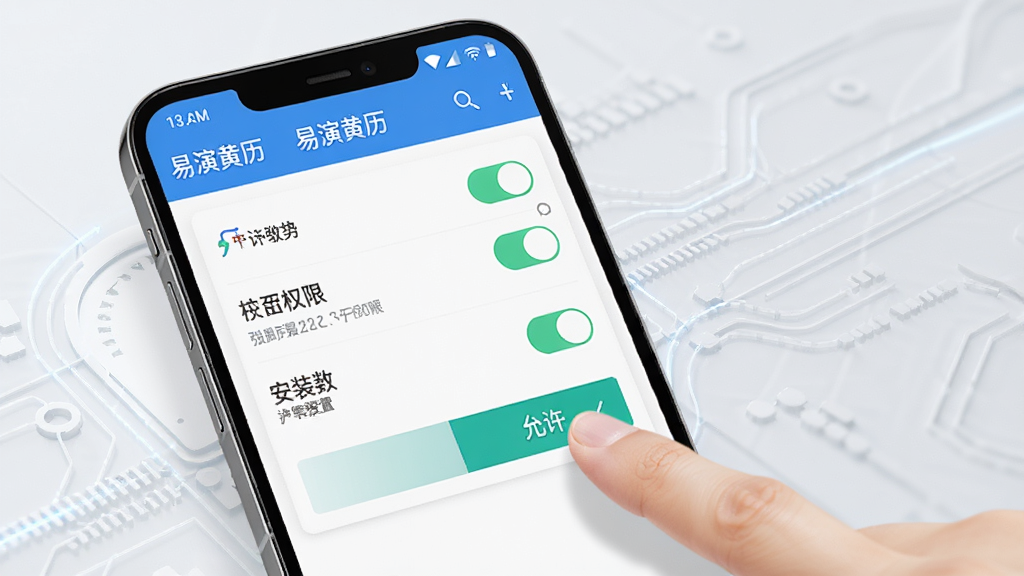 一张AI生成图,画面展示“易演黄历”软件在安卓手机上的安装权限设置界面,手机屏幕显示权限开关列表,旁边有手指点击「允许」按钮的特写,背景为浅灰色科技感线条,风格简洁明快,排版清晰,细节到位,画质干净,无多余元素