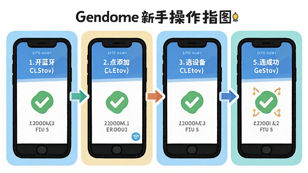 Gendome新手操作指引图示,主体为手机屏幕显示蓝牙配对步骤,布局为四格分步展示,排版从左到右依次为开蓝牙、点添加、选设备、连成功,风格为卡通扁平化,细节包含对勾与箭头,画质高清,干净,无多余元素