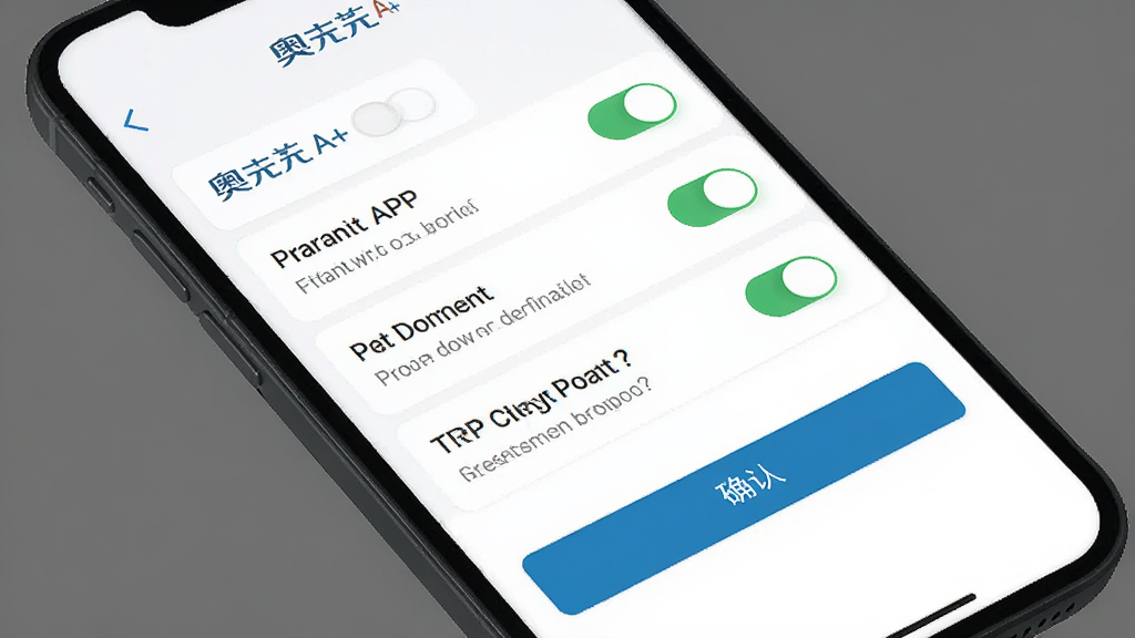 主体为手机屏幕显示奥克斯A+APP的权限设置界面,布局为手机界面特写,背景为纯色,风格为扁平化UI风格,细节包含权限开关列表、提示文字、确认按钮,排版整齐,画质高清,干净,无多余元素