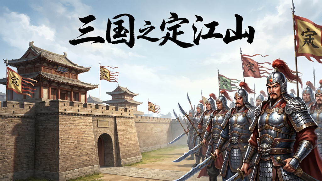 画面中央是三国之定江山游戏主界面,左侧为古代城池建筑群,右侧为武将列阵画面,上方横排显示游戏名称“三国之定江山”书法字体,整体布局采用左右对称式,风格为写实国风CG插画,细节包含城墙砖纹、旌旗飘动、武将铠甲金属反光,画质为4K高清,画面干净无多余UI图标
