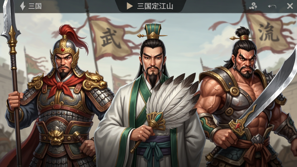 画面主体为三国之定江山游戏中的武将招募界面,中央展示三位三国名将的半身立绘,左侧为持枪武将、中间为羽扇文士、右侧为持刀猛将,布局采用横向排列,风格为写实国风游戏UI插画,细节包含铠甲纹路、羽毛扇面纹理、背景战旗飘动,画质为高清,画面干净无多余文字元素