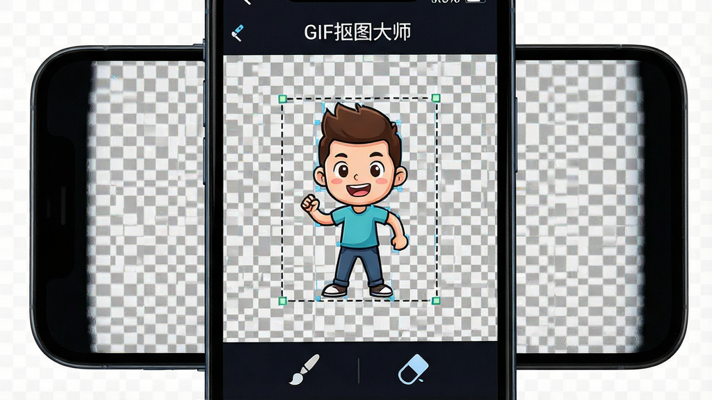 一张展示手机屏幕的图片,屏幕中显示GIF抠图大师软件界面,界面中央有一个正在被自动识别的卡通人物动图,人物周围有虚线选框,背景是棋盘格透明样式,界面底部有画笔和橡皮擦工具图标,整体布局简洁清晰,风格为科技感深色主题,细节包含软件名称“GIF抠图大师”在顶部,画质高清,干净,无多余元素
