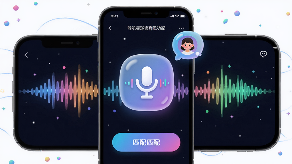 哇叽星球语音匹配功能界面,主体是手机屏幕显示声波波纹和匹配按钮,布局为手机居中,排版突出语音图标,风格为科技感与可爱风结合,细节包括彩色声波、麦克风图标、用户头像气泡,画质高清,干净,无多余元素