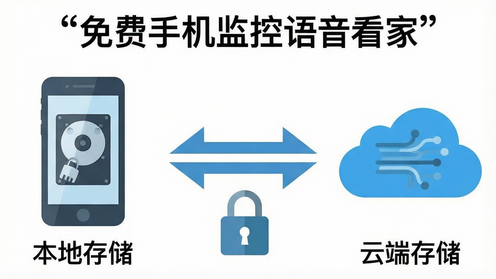 一个数据存储示意图,画面左侧是一部手机图标下方标注“本地存储”,右侧是一朵云图标下方标注“云端存储”,中间有一个双向箭头连接,箭头下方有一把锁形图标表示加密,图片上方用引号标注“免费手机监控语音看家”,整体风格为扁平化信息图,布局为左右对称,细节包括手机图标内的硬盘符号和云图标内的数据流线条,画质为高清,干净无多余元素