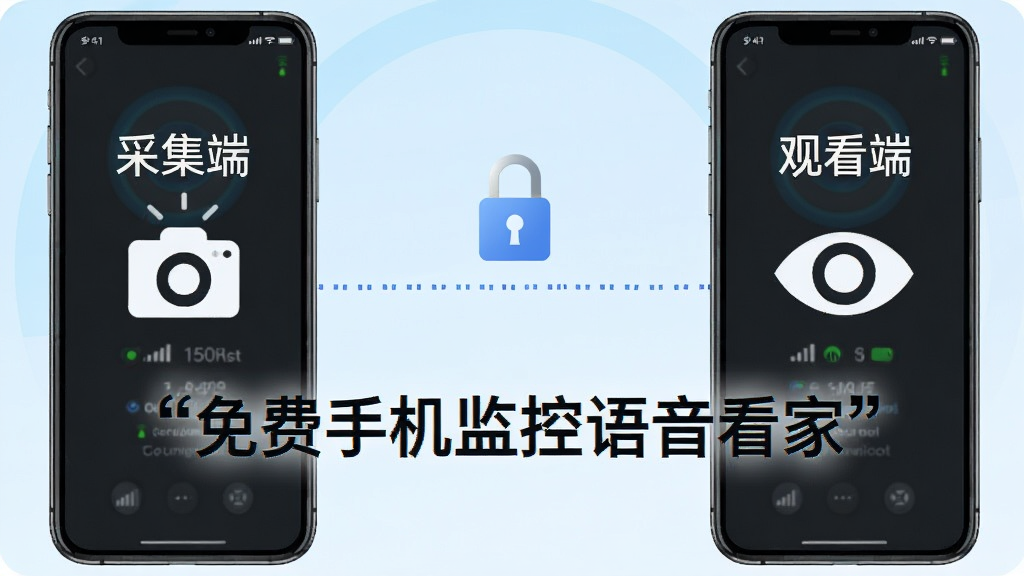 两部智能手机并排摆放,左边手机显示“采集端”字样并带有摄像头图标,右边手机显示“观看端”字样并带有眼睛图标,两部手机之间用一条虚线连接,虚线上方有一个锁形图标表示安全连接,背景为浅蓝色渐变,整体风格简洁明快,画面中央用引号标注“免费手机监控语音看家”,布局为水平居中,细节包括手机屏幕上的信号强度指示和连接状态文字,画质为高清,干净无多余元素
