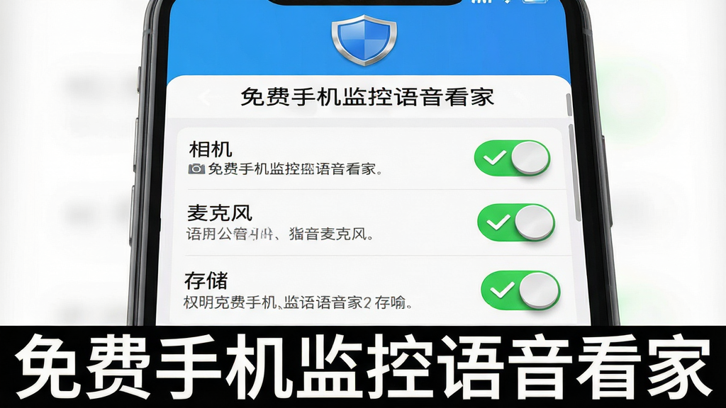 一张手机屏幕截图风格的图片,画面中显示着“免费手机监控语音看家”的应用权限设置页面,页面上有三个权限开关分别标注“相机”“麦克风”“存储”,每个开关旁边都有一个绿色的勾选标记,页面顶部有一个盾牌图标,图片底部用文字标注“免费手机监控语音看家”,整体风格为手机UI界面展示,布局为垂直列表,细节包括权限说明文字和开关的立体质感,画质为高清,干净无多余元素