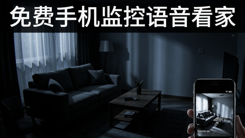一个夜晚的客厅场景,画面中只有微弱的光线从窗户透入,但监控画面中沙发和茶几的轮廓依然清晰可见,画面角落有一部手机显示着夜视模式下的监控画面,图片上方用文字标注“免费手机监控语音看家”,整体风格为暗色调科技感,布局为居中构图,细节包括画面中的噪点控制和亮度提升效果,画质为高清,干净无多余元素