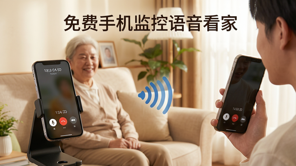 一个温馨的家庭客厅场景,一位老人坐在沙发上,旁边的手机支架上固定着一部手机,手机屏幕显示着通话中的界面,画面另一侧是一位年轻人的手拿着手机正在说话,画面中间有一个声波图标表示语音传输,图片上方用文字标注“免费手机监控语音看家”,整体风格温暖柔和,排版为左右对称,细节包括手机屏幕上的通话时长和麦克风图标,画质为高清,干净无多余元素