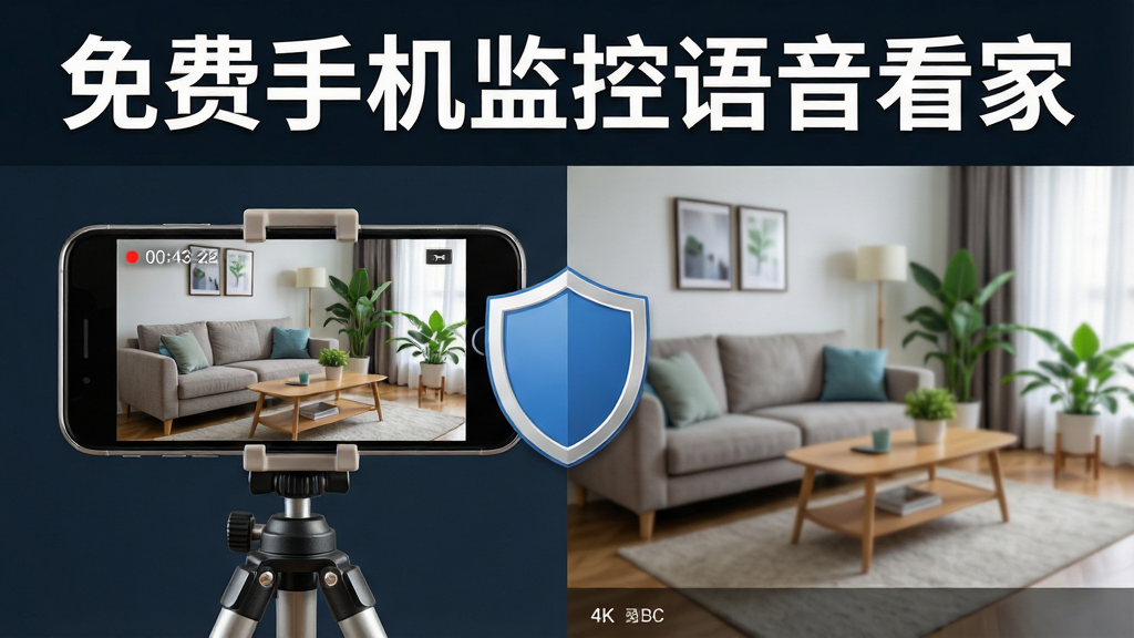 一张展示家庭安防监控场景的高清图片,画面中央是一部旧智能手机被固定在三脚架上,屏幕显示着客厅的实时监控画面,画面中有沙发、茶几和绿植,手机旁边有一个醒目的盾牌图标,图片上方用粗体字写着“免费手机监控语音看家”,整体布局采用左右分栏,左侧为手机设备,右侧为监控画面示意,排版清晰,风格为现代科技感扁平化设计,细节包括手机边框的金属质感、屏幕上的时间戳和录制红点,画质为4K超清,干净无多余元素
