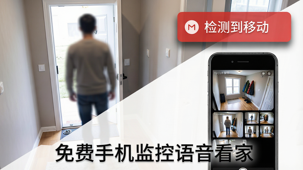 一个家庭玄关场景,画面中有一个陌生人影正在靠近门口,画面右上角弹出一个红色通知框,上面写着“检测到移动”,下方有一部手机显示着监控画面和录像片段缩略图,图片底部用文字标注“免费手机监控语音看家”,整体风格为安防科技感,布局为对角线构图,细节包括通知框的阴影效果和人影的模糊处理,画质为高清,干净无多余元素