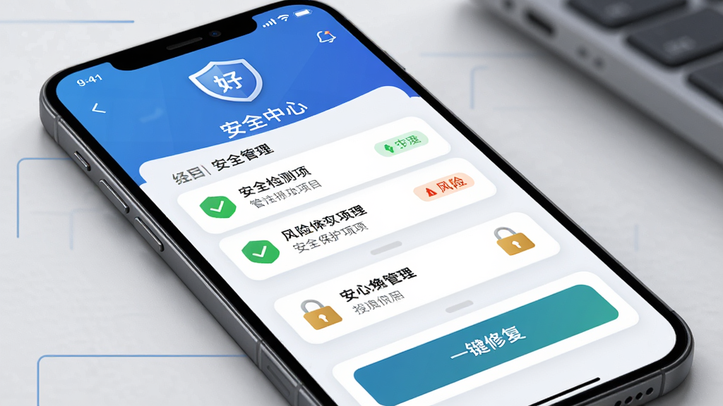 ���α��˺Ź����밲ȫ�������ܽ��棬����Ϊ�ֻ���Ļ��ʾ��ȫ����ҳ�棬���ְ�����������ͼ�ꡢ�в���ȫ������б��͵ײ�һ���޸���ť���Ű������ˣ����Ϊרҵ���صİ�ȫ��UI��ƣ�ϸ�ڰ�����ɫ��ȫ��ʶ��������ʾ��ǩ�ͼ�����ͼ�꣬���ʸ��壬�ɾ����޶���Ԫ��