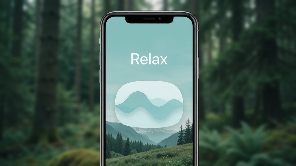 一张展示手机屏幕的图片,屏幕中央显示“Relax”应用界面,界面中有柔和的波浪形音效播放按钮和自然风景背景,主体为手机和界面,布局居中,排版简洁,风格为清新简约,细节包括柔和的蓝绿色调、模糊的森林背景,画质高清,干净,无多余元素