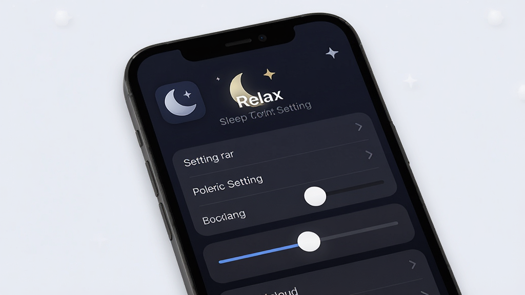 一张展示“Relax”应用睡眠定时设置界面的图片,画面中有月亮和星星的图标,主体为手机屏幕,布局为设置选项列表,排版清晰,风格为暗色夜间模式,细节包括柔和的文字和滑块控件,画质高清,干净,无多余元素