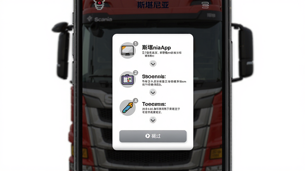 斯堪尼亚App新手操作指引界面,主体为手机屏幕展示分步教程弹窗,布局为居中卡片式引导,排版图文结合每步一个图标加说明文字,风格为友好新手引导设计,细节包括步骤编号、箭头指示、跳过按钮,画面中文字标注