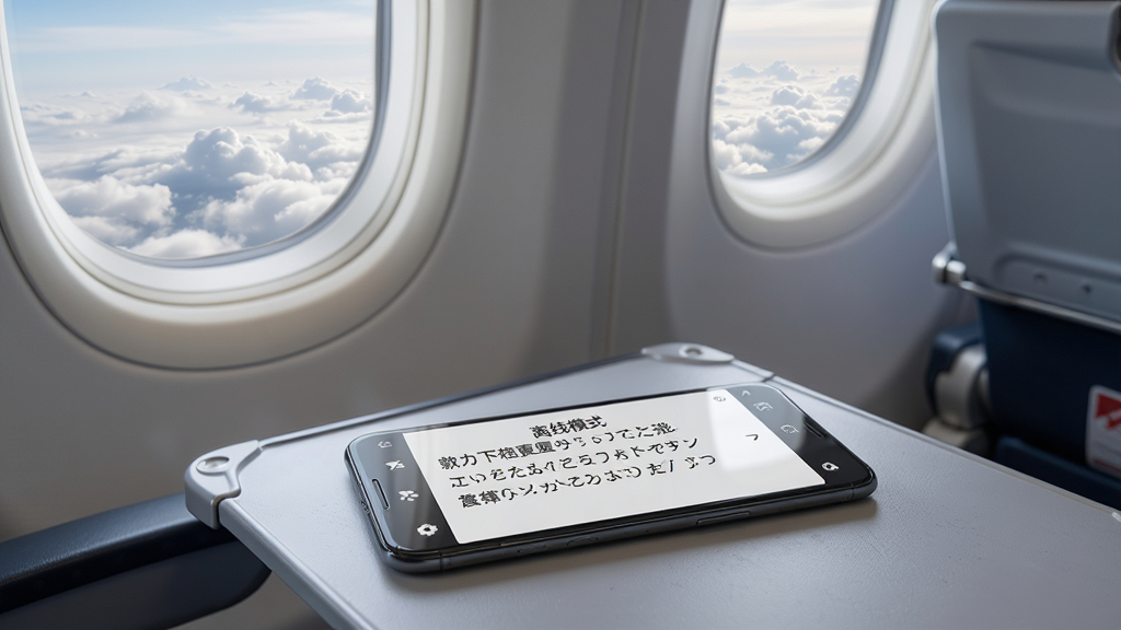 一张展示章鱼翻译官离线翻译功能的写实风格图片,画面中一部安卓手机放置在飞机客舱的小桌板上,屏幕显示章鱼翻译官离线翻译界面,顶部有“离线模式”标识,中间为中文与日文对照的翻译内容,窗外可见云层,氛围安静,高清画质,画面干净,无多余元素