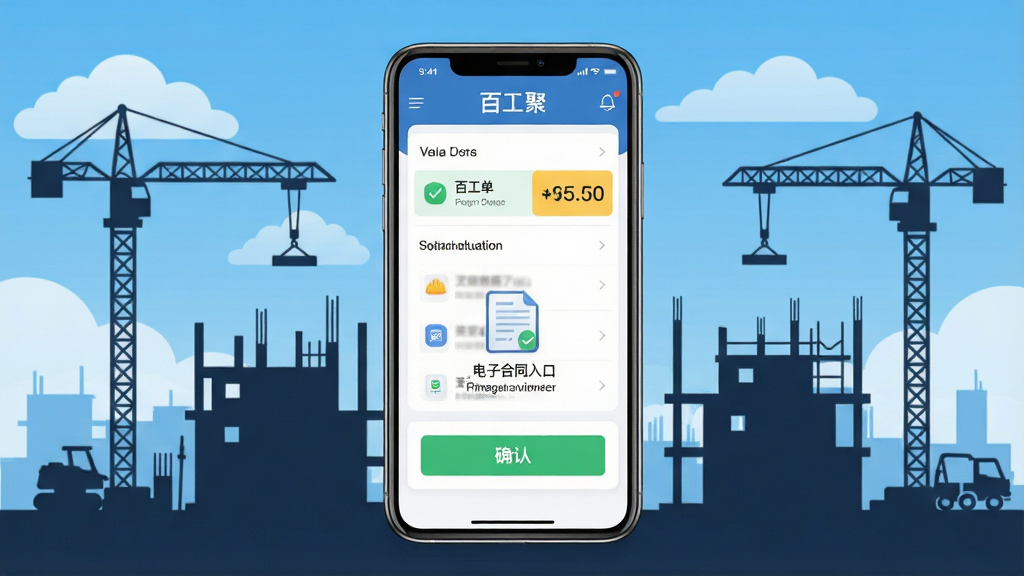 百工聚软件主界面全貌展示,画面中央放置一部智能手机,屏幕显示工资单列表与电子合同签署入口,背景为建筑工地剪影与蓝天白云,布局采用居中构图,排版清晰有序,风格为现代扁平化UI设计,细节包含工资数字高亮、确认按钮醒目、合同图标精致,画质高清干净无多余元素,图片中文字标注